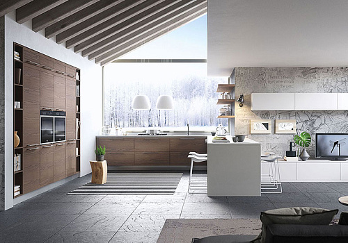 Кухня AR-TRE кухня совмещенная с гостиной, отделка Wood Corteccia+Laccato Bianco Opaco модель zoe design