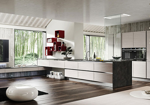 Кухня AR-TRE модель Zoe, отделка Frassino Decape Laccato Creta+стекло Laccato Antracite